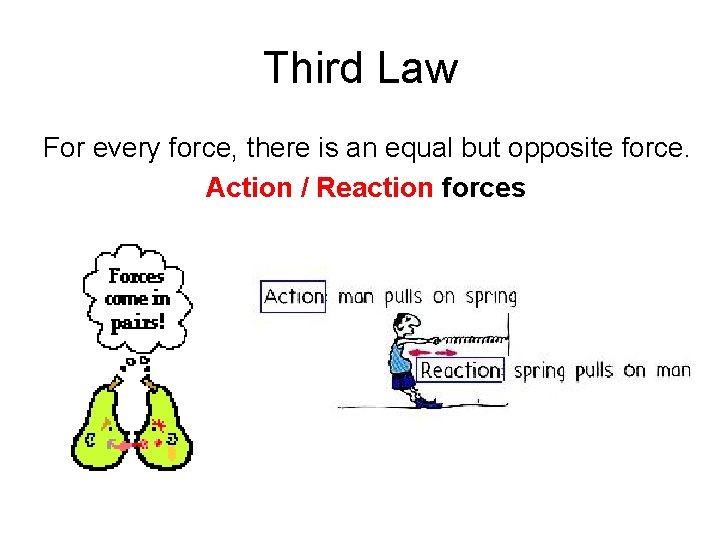 Third Law For every force, there is an equal but opposite force. Action /
