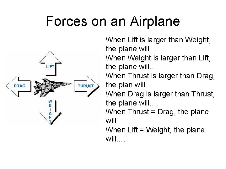 Forces on an Airplane When Lift is larger than Weight, the plane will…. When