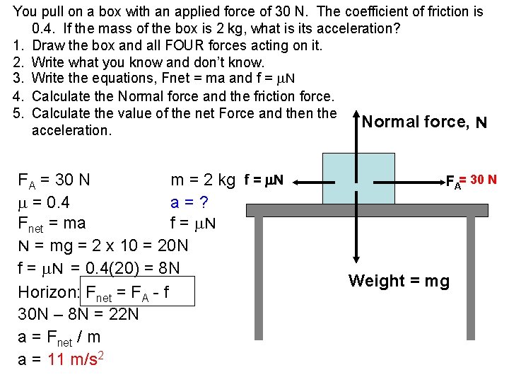 You pull on a box with an applied force of 30 N. The coefficient