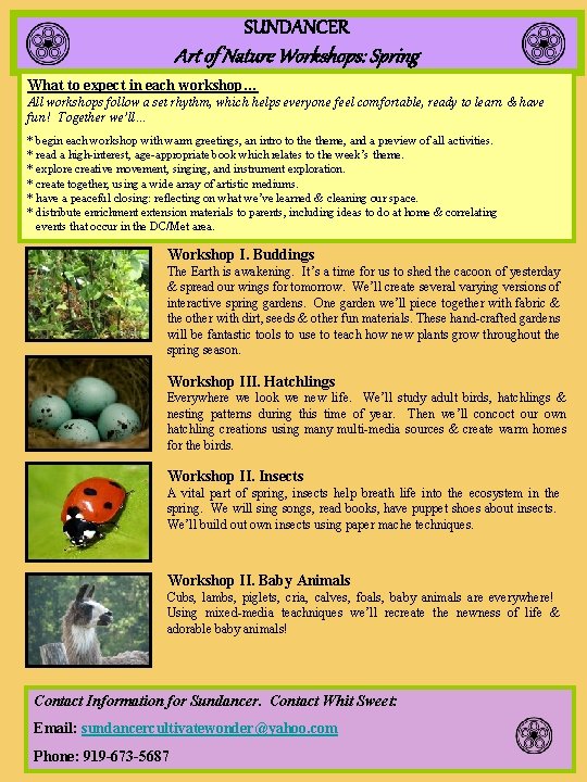 SUNDANCER Art of Nature Workshops: Spring What to expect in each workshop… All workshops