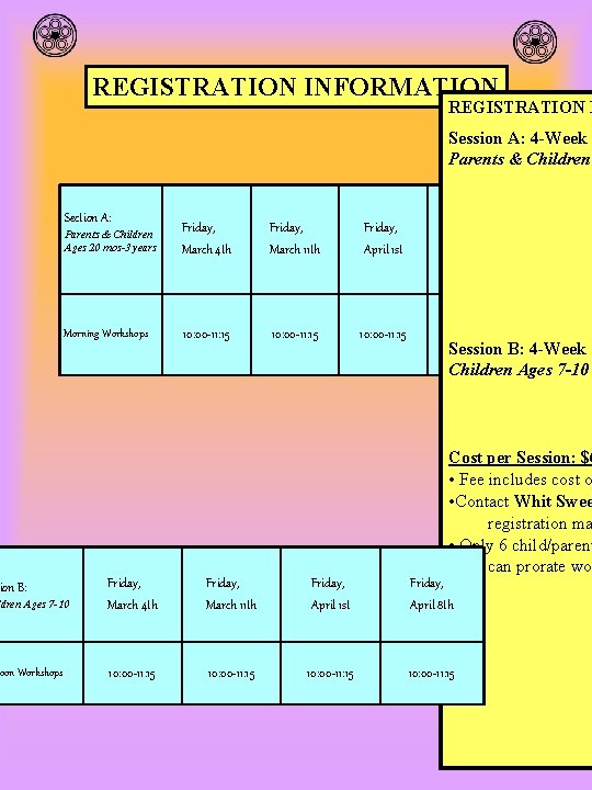 REGISTRATION INFORMATION SUNDANCER: cultivate wonder REGISTRATION I Session A: 4 -Week Parents & Children