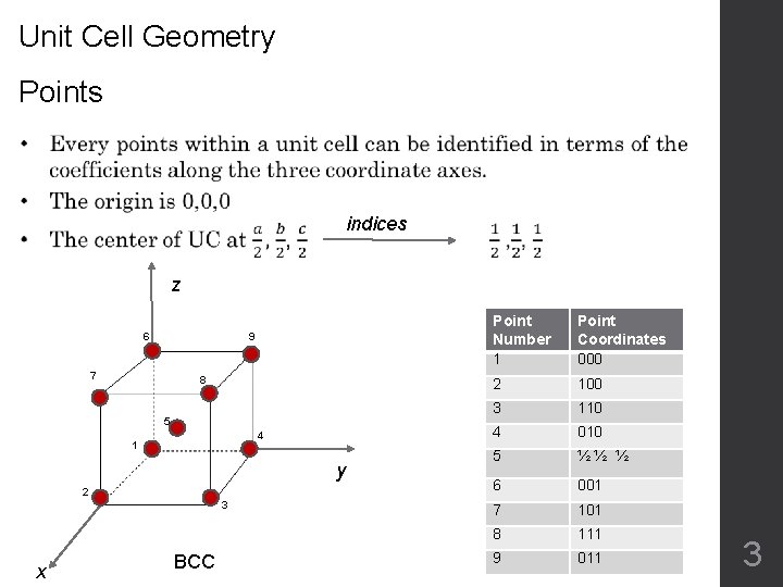 Unit Cell Geometry Points indices z 6 9 7 8 5 4 1 y
