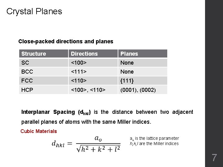 Crystal Planes Close-packed directions and planes Structure Directions Planes SC <100> None BCC <111>