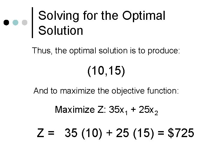 Solving for the Optimal Solution Thus, the optimal solution is to produce: (10, 15)