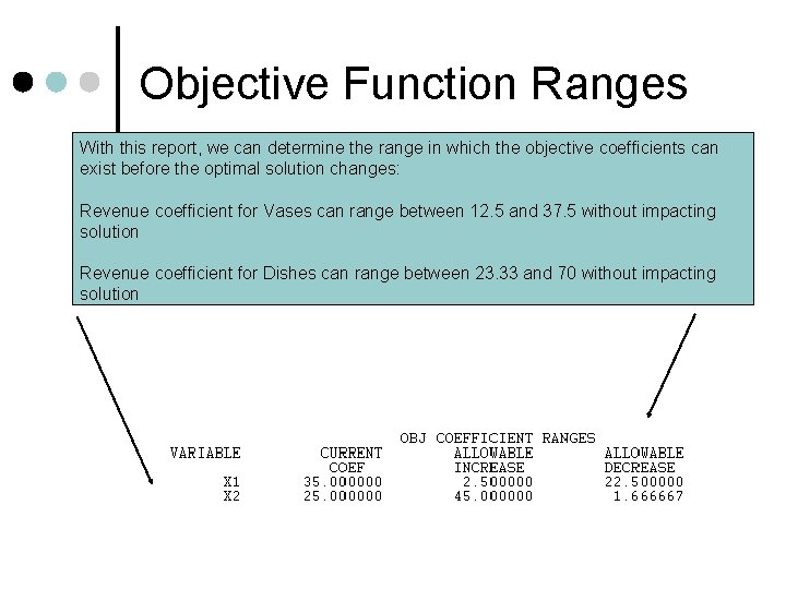 Objective Function Ranges With this report, we can determine the range in which the