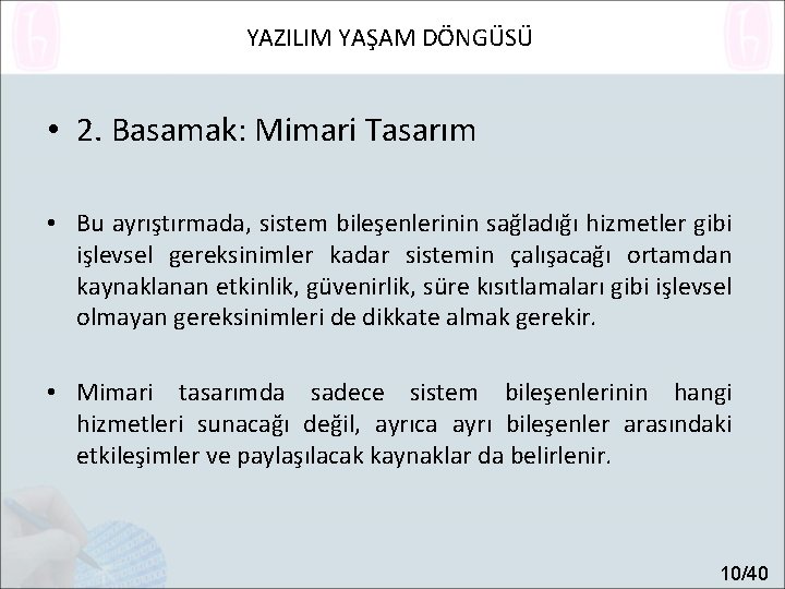 YAZILIM YAŞAM DÖNGÜSÜ • 2. Basamak: Mimari Tasarım • Bu ayrıştırmada, sistem bileşenlerinin sağladığı