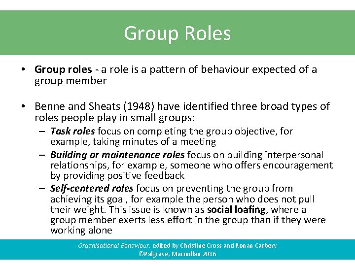 Group Roles • Group roles - a role is a pattern of behaviour expected