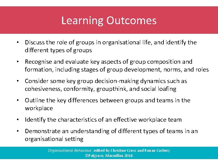 Learning Outcomes • Discuss the role of groups in organisational life, and identify the