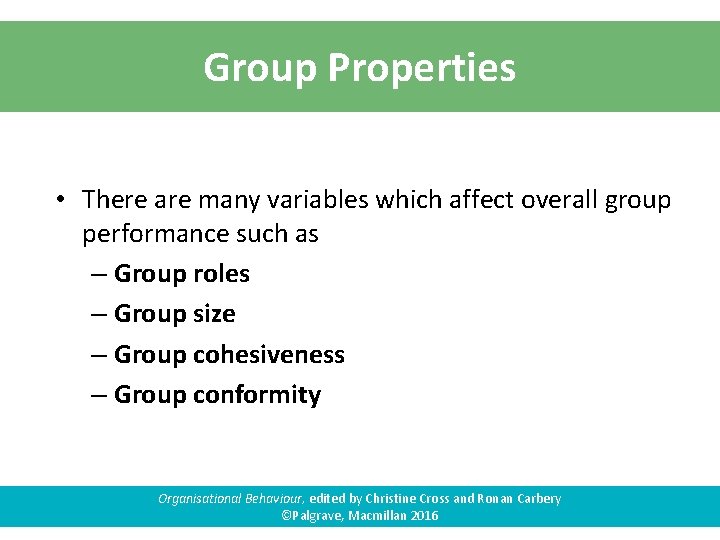 Group Properties • There are many variables which affect overall group performance such as