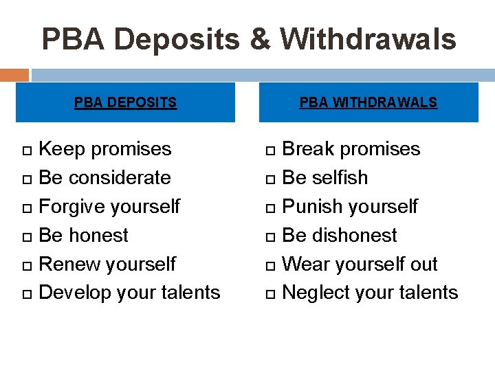 PBA Deposits & Withdrawals PBA WITHDRAWALS PBA DEPOSITS Keep promises Be considerate Forgive yourself