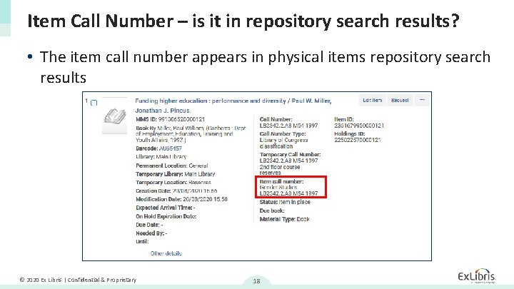 Item Call Number – is it in repository search results? • The item call