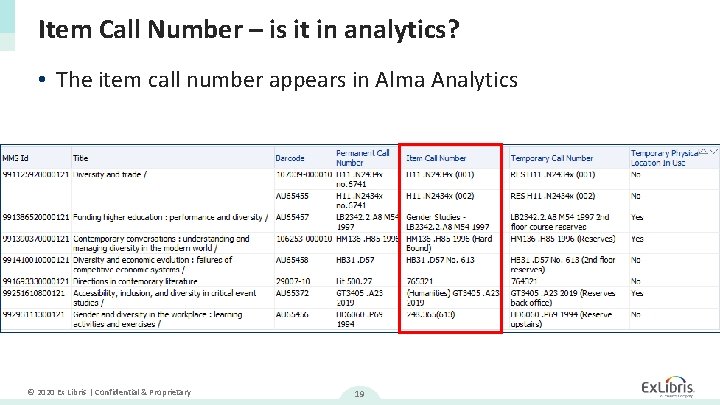 Item Call Number – is it in analytics? • The item call number appears