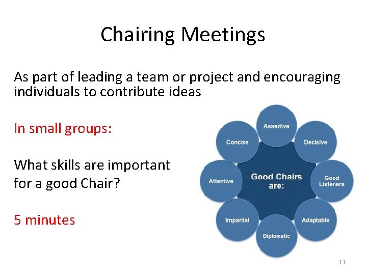 Chairing Meetings As part of leading a team or project and encouraging individuals to