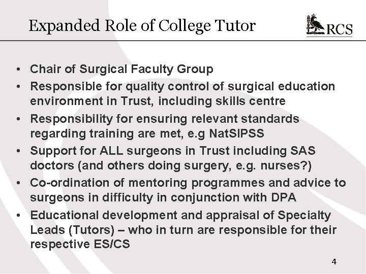 Expanded Role of College Tutor • Chair of Surgical Faculty Group • Responsible for