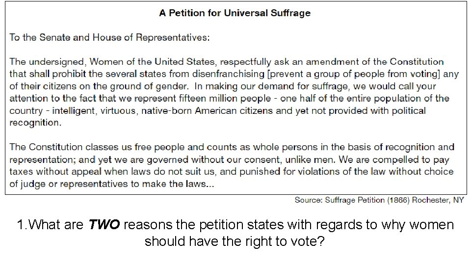 1. What are TWO reasons the petition states with regards to why women should