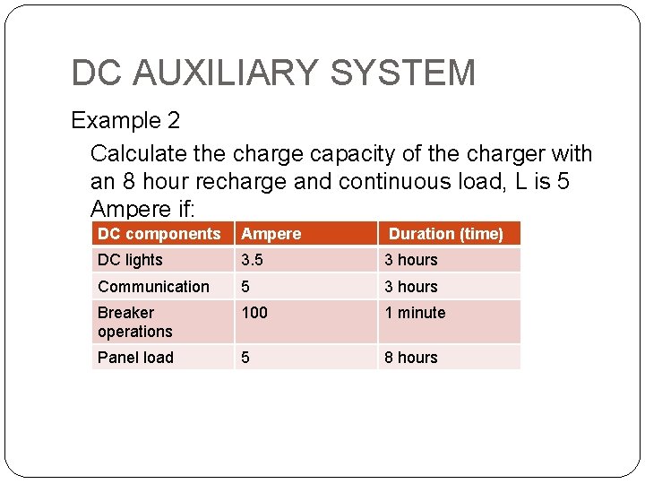 DC AUXILIARY SYSTEM Example 2 Calculate the charge capacity of the charger with an