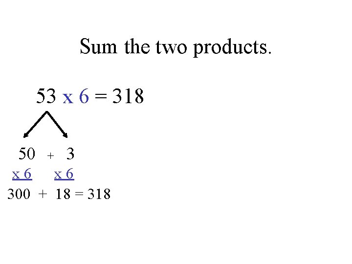 Sum the two products. 53 x 6 = 318 50 + 3 x 6