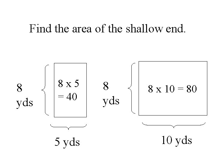 Find the area of the shallow end. 8 yds 8 x 5 = 40
