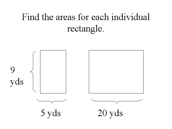 Find the areas for each individual rectangle. 9 yds 5 yds 20 yds 
