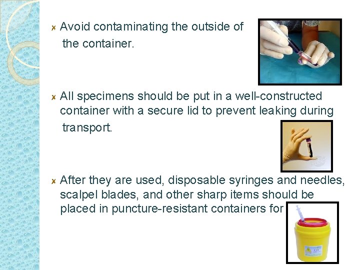 Avoid contaminating the outside of the container. All specimens should be put in a