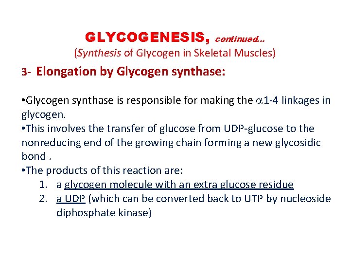 GLYCOGENESIS, continued. . . (Synthesis of Glycogen in Skeletal Muscles) 3 - Elongation by