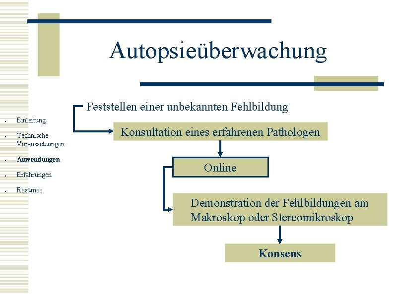 Autopsieüberwachung Feststellen einer unbekannten Fehlbildung ● ● Einleitung Technische Voraussetzungen ● Anwendungen ● Erfahrungen