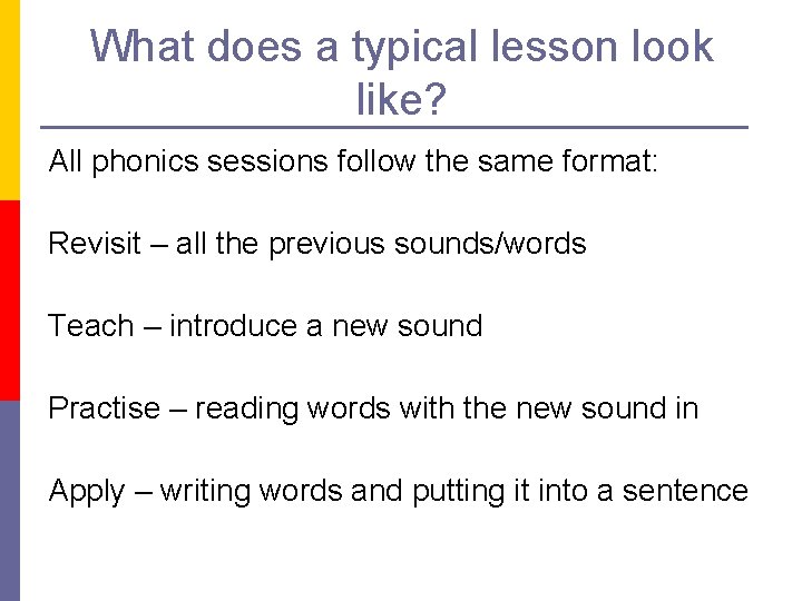 What does a typical lesson look like? All phonics sessions follow the same format: