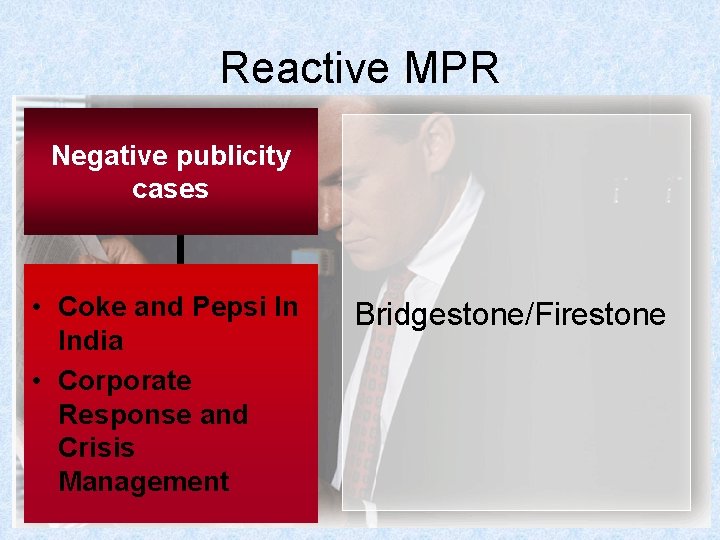 Reactive MPR Negative publicity cases • Coke and Pepsi In India • Corporate Response