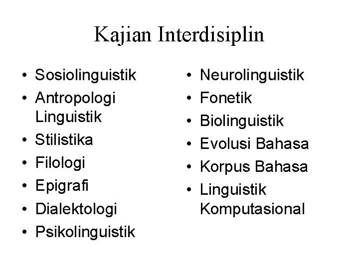 Kajian Interdisiplin • Sosiolinguistik • Antropologi Linguistik • Stilistika • Filologi • Epigrafi •