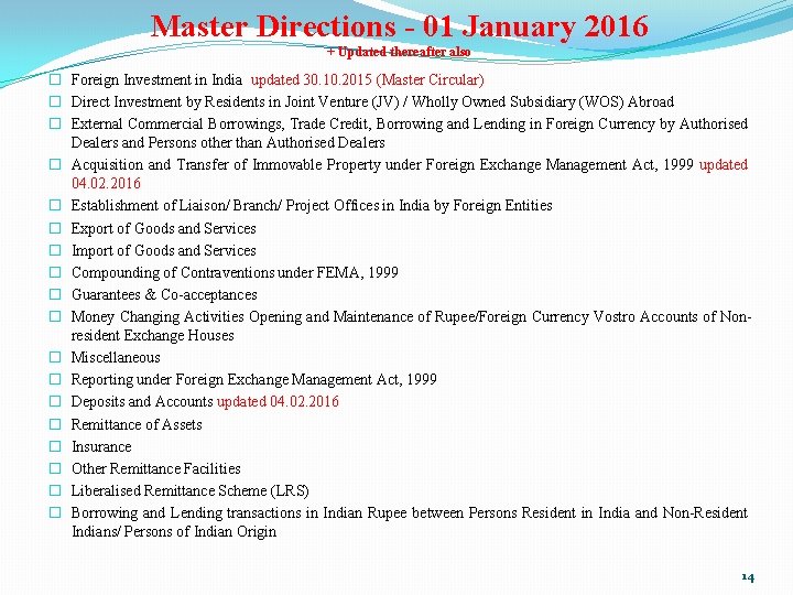 Master Directions - 01 January 2016 + Updated thereafter also � Foreign Investment in