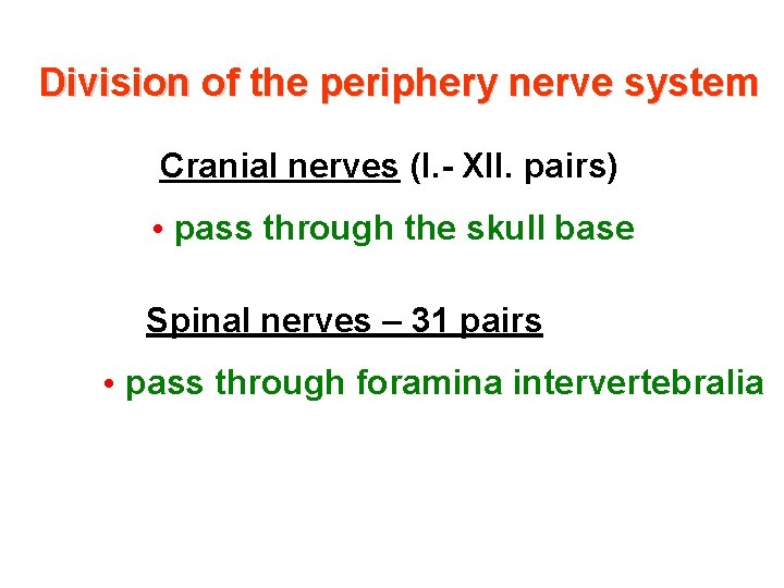 Division of the periphery nerve system Cranial nerves (I. - XII. pairs) • pass