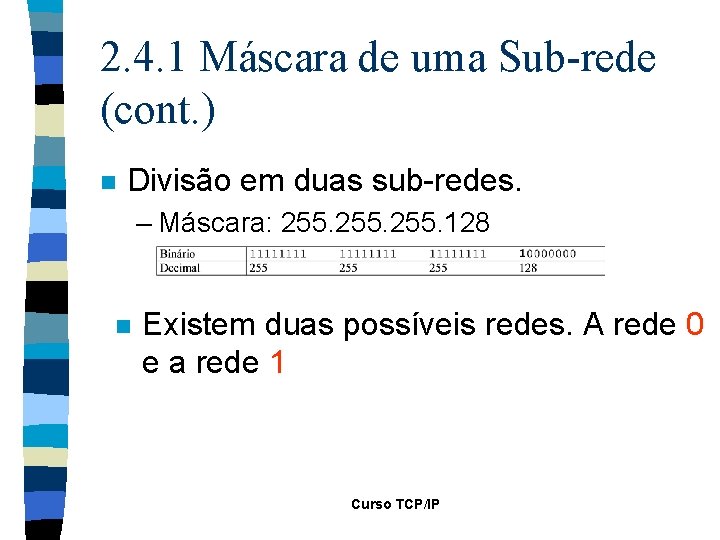 2. 4. 1 Máscara de uma Sub-rede (cont. ) n Divisão em duas sub-redes.