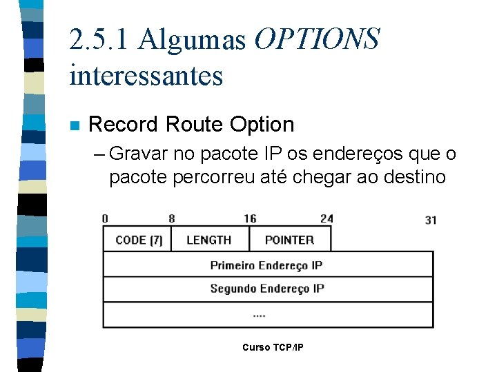 2. 5. 1 Algumas OPTIONS interessantes n Record Route Option – Gravar no pacote