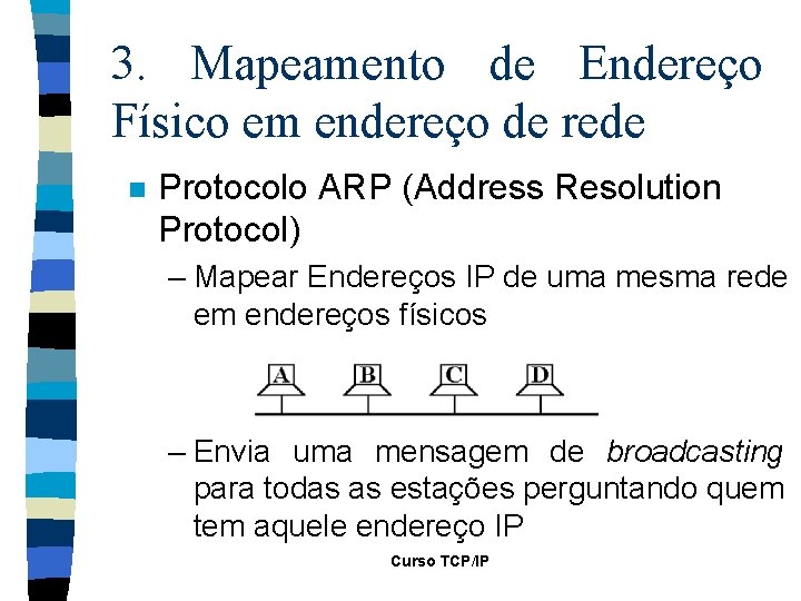 3. Mapeamento de Endereço Físico em endereço de rede n Protocolo ARP (Address Resolution