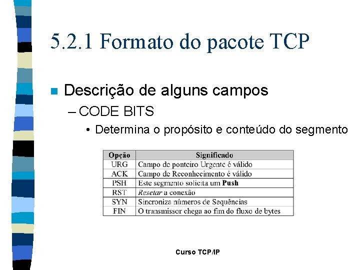 5. 2. 1 Formato do pacote TCP n Descrição de alguns campos – CODE