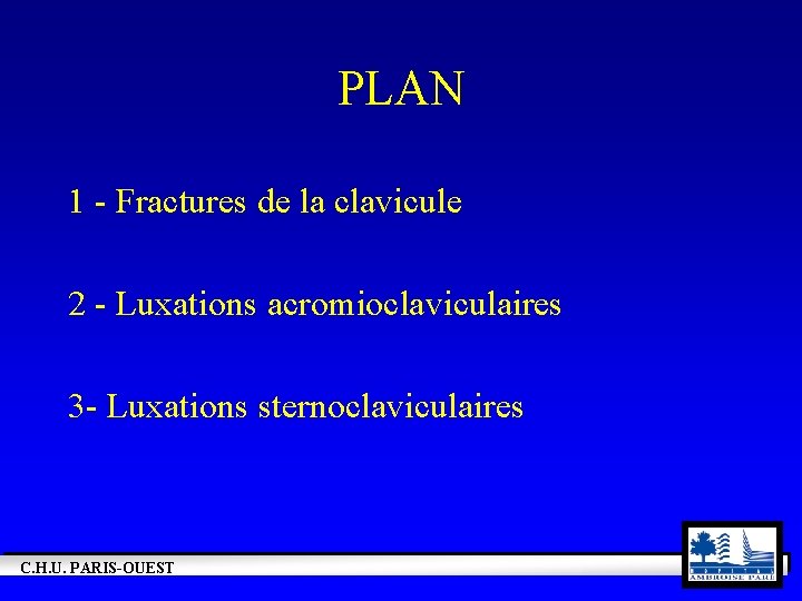 PLAN 1 - Fractures de la clavicule 2 - Luxations acromioclaviculaires 3 - Luxations