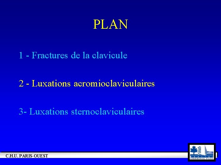 PLAN 1 - Fractures de la clavicule 2 - Luxations acromioclaviculaires 3 - Luxations