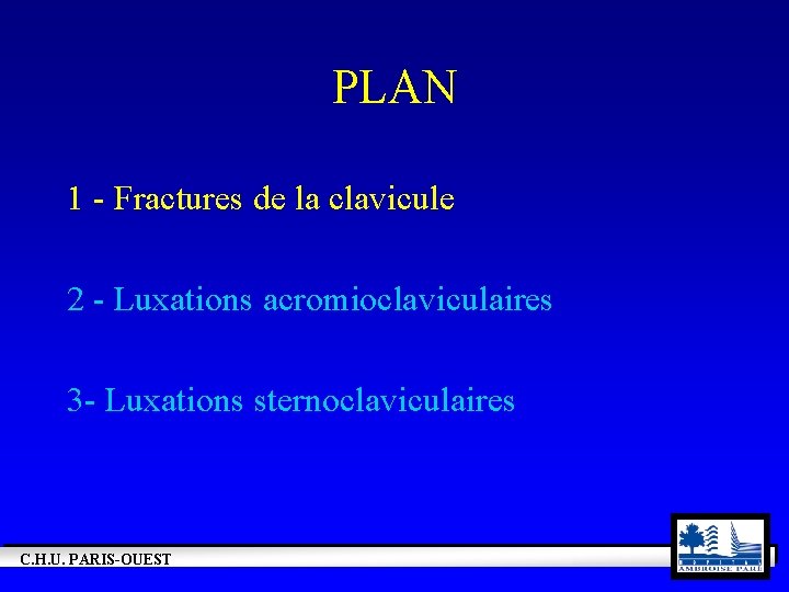 PLAN 1 - Fractures de la clavicule 2 - Luxations acromioclaviculaires 3 - Luxations