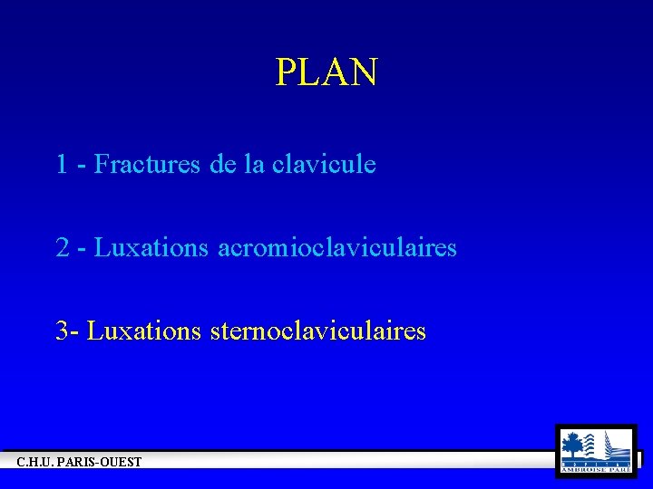 PLAN 1 - Fractures de la clavicule 2 - Luxations acromioclaviculaires 3 - Luxations