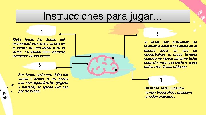 Instrucciones para jugar… 1 Sitúa todas las fichas del memorice boca abajo, ya sea