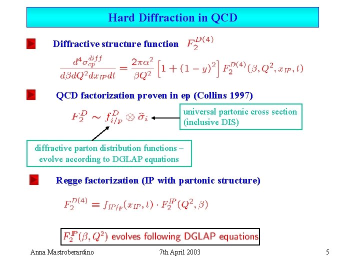 Hard Diffraction in QCD Diffractive structure function QCD factorization proven in ep (Collins 1997)