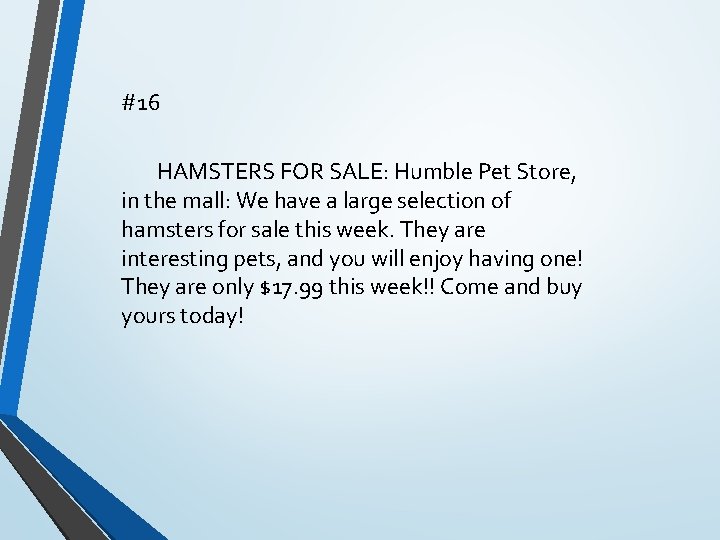 #16 HAMSTERS FOR SALE: Humble Pet Store, in the mall: We have a large