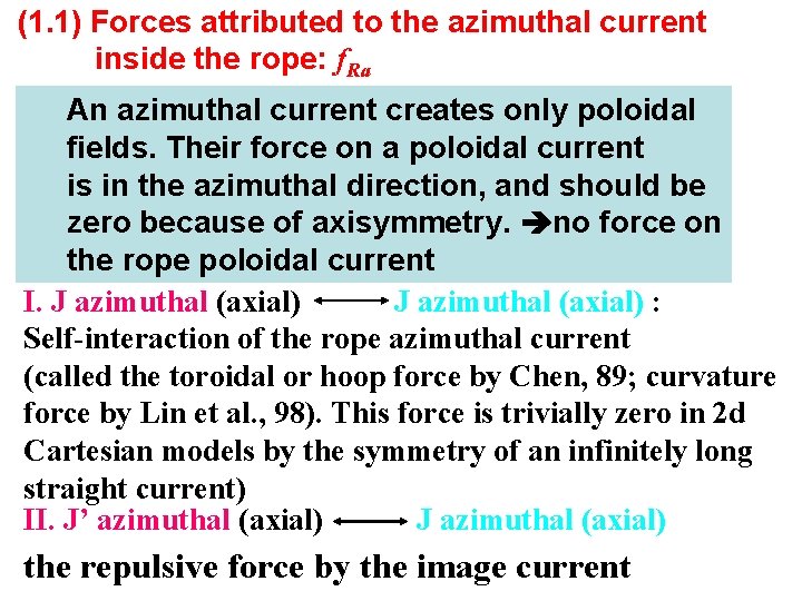 (1. 1) Forces attributed to the azimuthal current inside the rope: f. Ra An