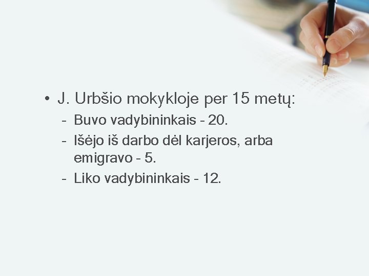  • J. Urbšio mokykloje per 15 metų: – Buvo vadybininkais – 20. –