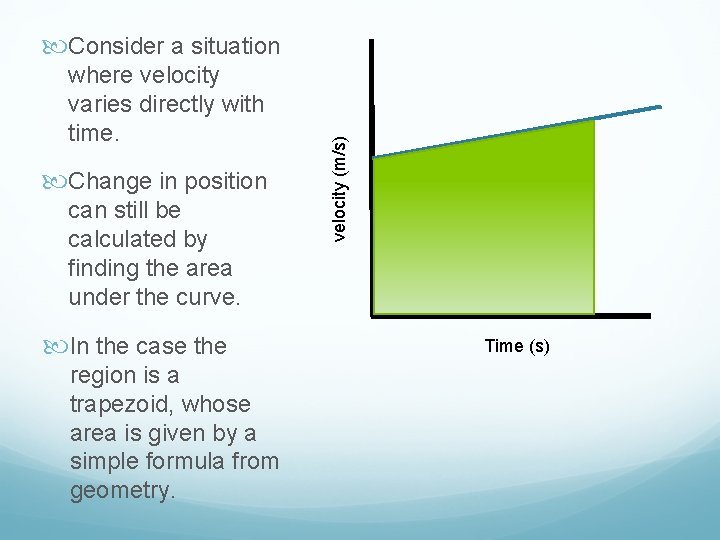 where velocity varies directly with time. Change in position can still be calculated by