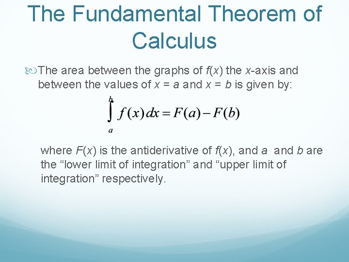 The Fundamental Theorem of Calculus The area between the graphs of f(x) the x-axis