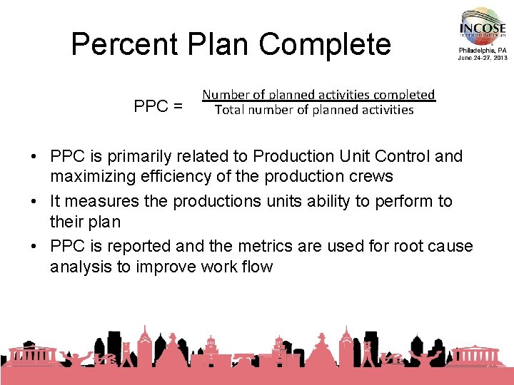 Percent Plan Complete PPC = Number of planned activities completed Total number of planned