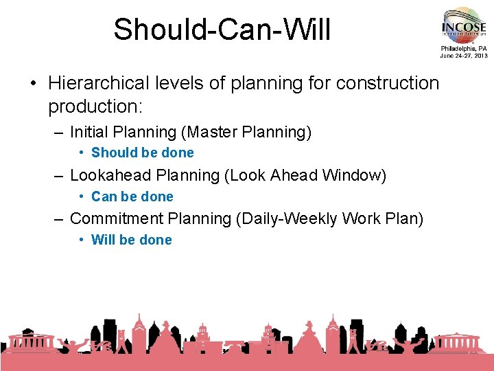 Should-Can-Will • Hierarchical levels of planning for construction production: – Initial Planning (Master Planning)