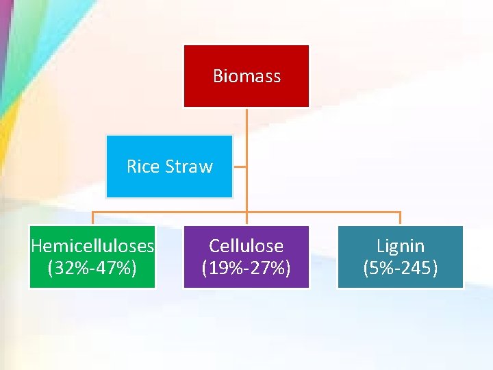 Biomass Rice Straw Hemicelluloses (32%-47%) Cellulose (19%-27%) Lignin (5%-245) 