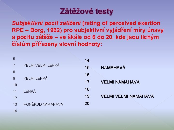 Zátěžové testy Subjektivní pocit zatížení (rating of perceived exertion RPE – Borg, 1962) pro